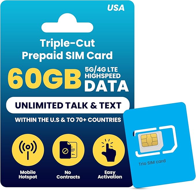H2O Wireless 60-Day USA Physical Prepaid SIM Card with 60GB High-Speed 4G LTE/5G Data & 20GB Mobile Hotspot, Unlimited Data, Talk & Text to 70+ Countries, Triple-Cut US SIM Card for Cell Phones