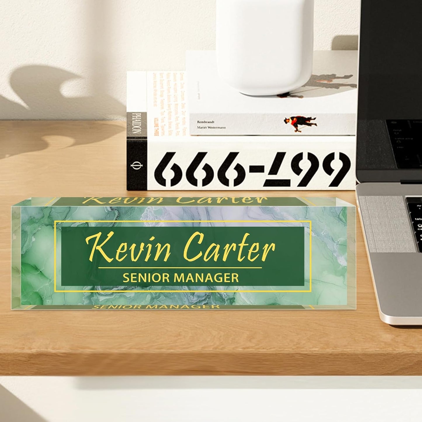 Name Plate for Desk Personalized, Acrylic Desk Decorations, Employee Appreciation Gifts, Custom Office Gifts for Coworkers, Boss, Teacher, Nurse (Green White Marble)