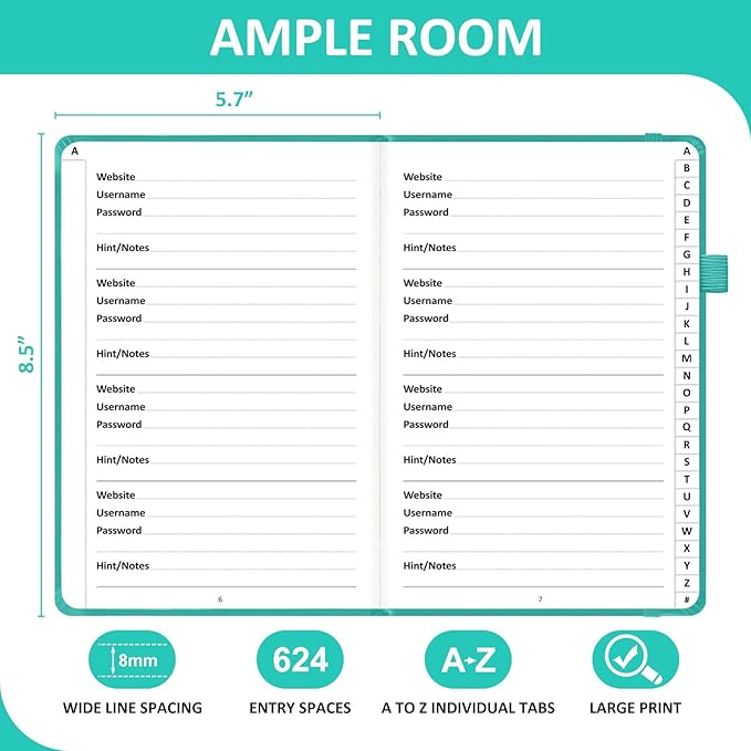 Password Book with Individual Alphabetical Tabs Laminated, Large Print Password Keeper Book for Seniors, A5 Hardcover Internet Password Log Book to Record Website Login Details - Aquamarine