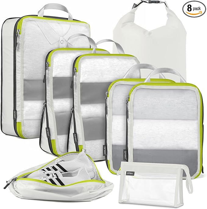 Cipway Compression Packing Cubes Mesh, Lightweight Luggage Organizer Bags with Laundry Bag,Toiletries Bag and Shoe Bag, Travel Essentials for Carry on Suitcase（8Pcs,White）