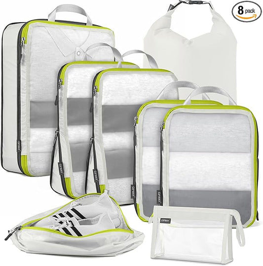 Cipway Compression Packing Cubes Mesh, Lightweight Luggage Organizer Bags with Laundry Bag,Toiletries Bag and Shoe Bag, Travel Essentials for Carry on Suitcase（8Pcs,White）