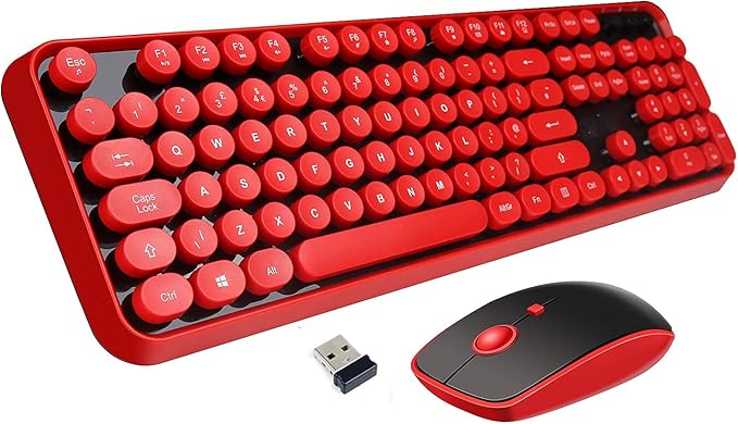 Wireless Keyboard Mouse Combo,2.4GHz Waterproof Keyboard with Round Retro Style Red Key and Optical Wireless Gaming Mouse with 3 Adjustable DPI,Compatible with PC, Computer, Laptop, Desktop, Note-Red