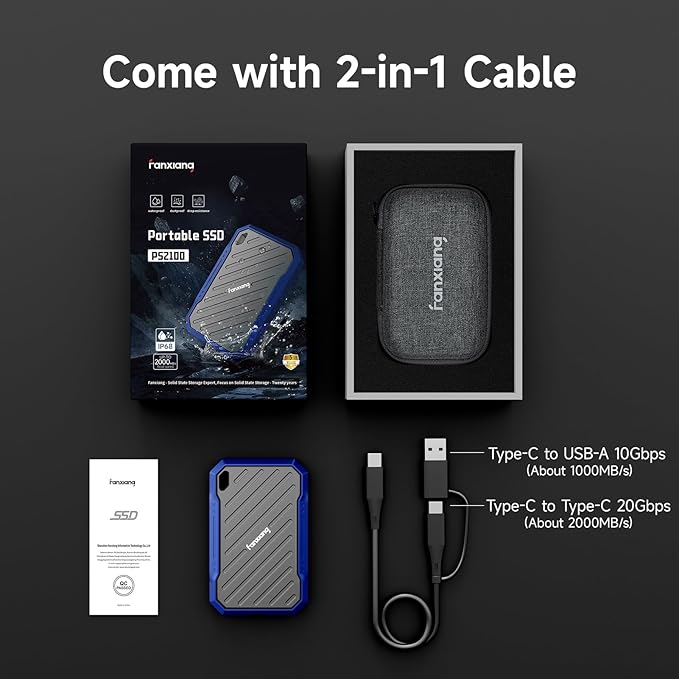 fanxiang 2TB External Portable SSD, Up to 2000MB/s USB 3.2 Gen2*2, IP68 Water and Dust Resistance, External Solid State Drive Reliable Storage for Professionals, Creatives, and Engineers