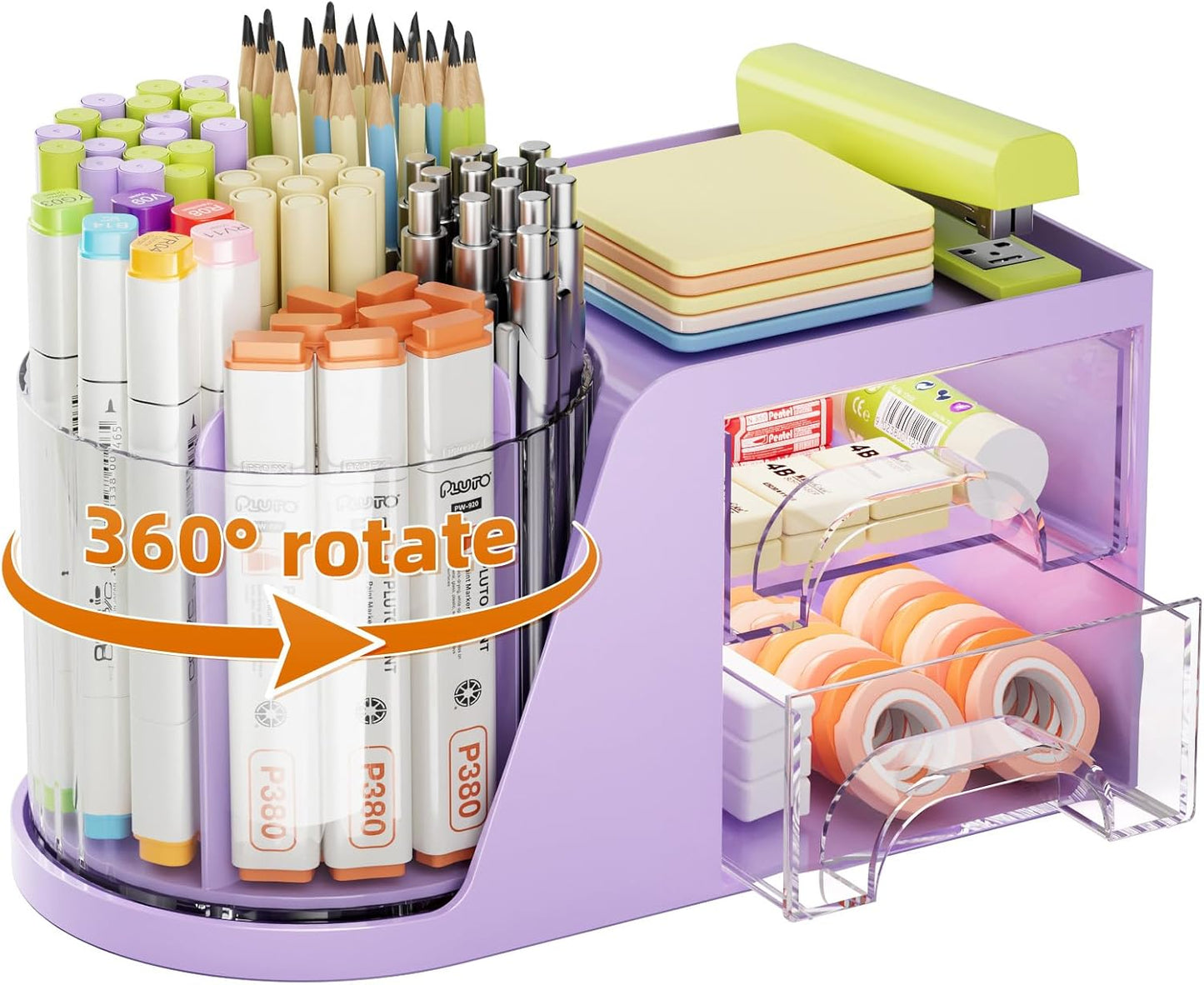 Marbrasse Desk Organizer with 2 Drawer, 360°Rotating Pen Holder, Desk Organizers and Accessories with 6 Slots Pencil Holder + 2 Drawer, Art Supply Storage Box Caddy for Office (Purple)