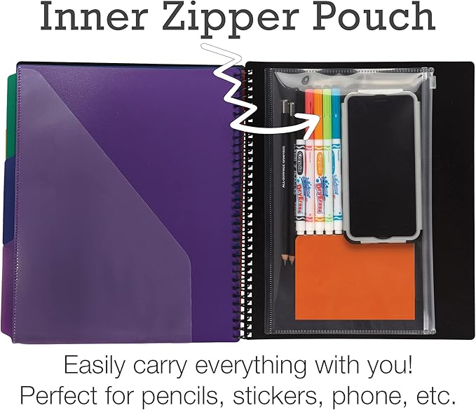 Samsill 2 Pack Deluxe 24 Pocket Spiral Project Organizer with Inner Zipper Pouch, Customizable Front Cover, 12 Dividers with Erasable Write-On Tabs in Assorted Colors, Plastic Folders with Pockets