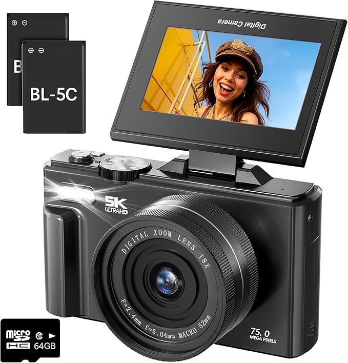 IWOBAC 5K Digital Camera for Photography - 75MP Autofocus Vlogging Camera with 64GB SD Card, WiFi, 18X Zoom 3" 180° Flip Screen Compact Travel Camera with 2 Batteries for Teens and Beginner