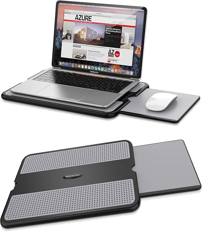 AboveTEK Portable Laptop Lap Desk w/Retractable Left/Right Mouse Pad Tray, Non-Slip Heat Shield Tablet Notebook Computer Stand Table w/Sturdy Stable Work Surface for Bed Sofa Couch or Travel