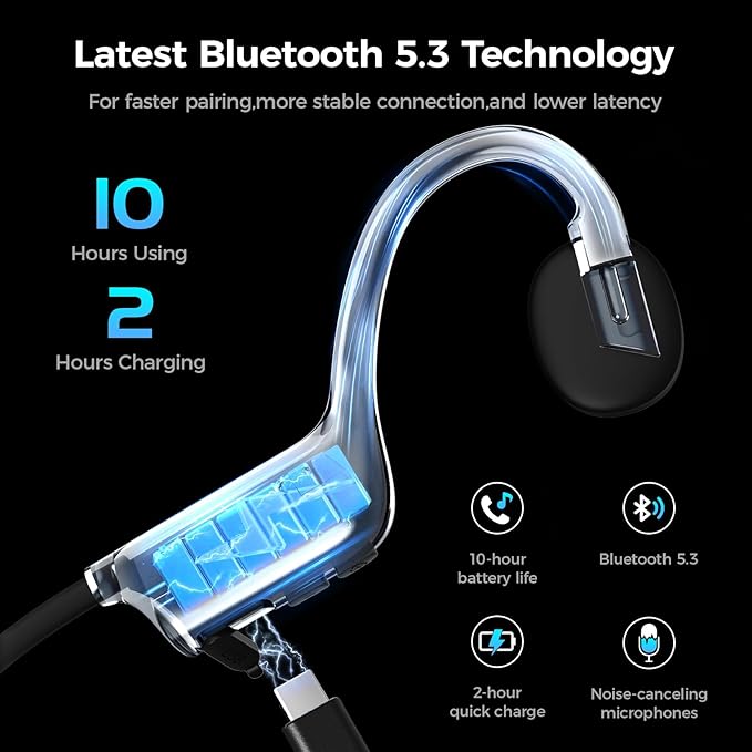 Bone Conduction Headphones, Wireless Bluetooth Open-Ear Sports Headphones with Mic, Type-C Quick Charging Long Battery Life, Upgrade Waterproof Earphones for Running, Walking, Cycling, Workout, Gift