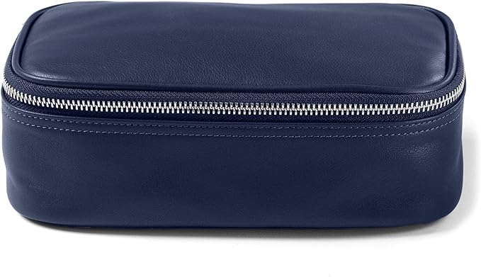 Leatherology Navy Blue Medium Leather Travel Organizer – Toiletry & Tech Case with Zipped Mesh Pocket, Elastic Loops & Water-Resistant Lining – Durable Storage for Everyday Travel