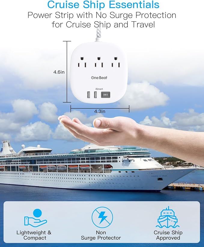 Cruise Essentials 2025,One Beat Travel Power Strip with 3 Outlets 4 USB Ports 3.1A,3ft Flat Plug Extension Cords Desktop Charging Station for Travel Home Office,Cruise Ship Essentials,ETL Listed