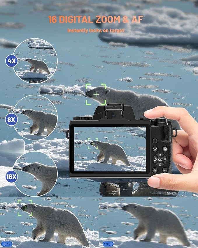 8K 64MP Digital Camera for Photography, Vlogging Camera with Autofocus, WiFi, 4Inch Touchscreen, 16X Digital Zoom, 3000mAh Battery, Dual-Lens, Lens Hood, 32GB TF Card and Flash,Black