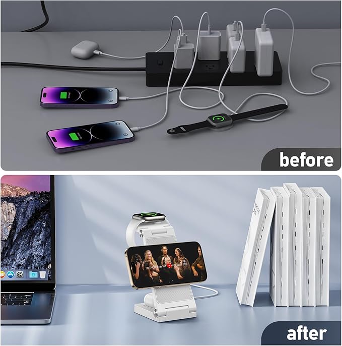 Magnetic Wireless Charger Stand, 3 in 1 Foldable Wireless Charging Station with 20W Adapter, Travel Charger for Multiple Devices for iPhone 17 16 15 14 13 12 Pro/Max/Plus/Mini, iWatch, AirPods