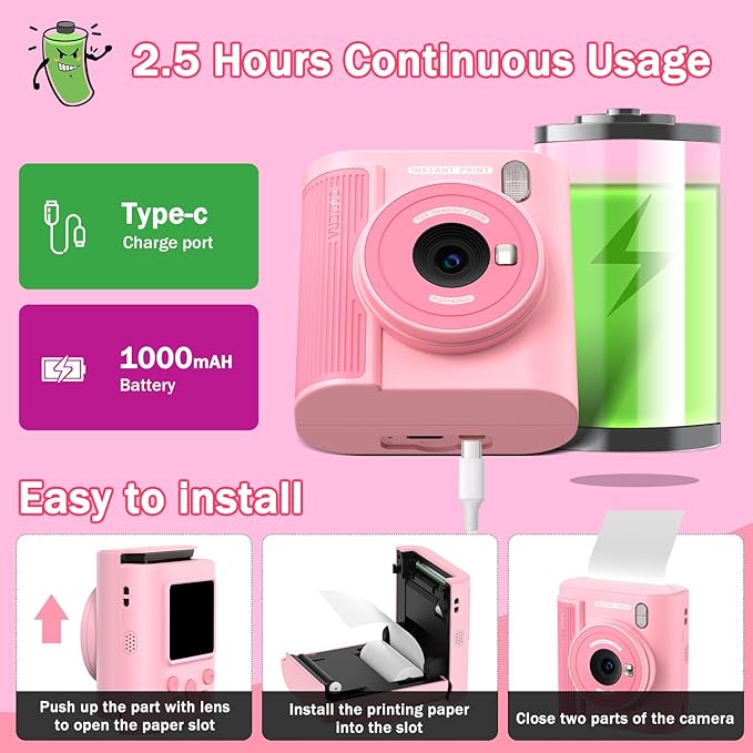 Zicor Kids Camera Instant Print for 3-12 Year Olds, HD Digital Instant Print Camera for Boys & Girls, Ideal Christmas Birthday Gift with 32GB SD Card, Easy to Use - Pink