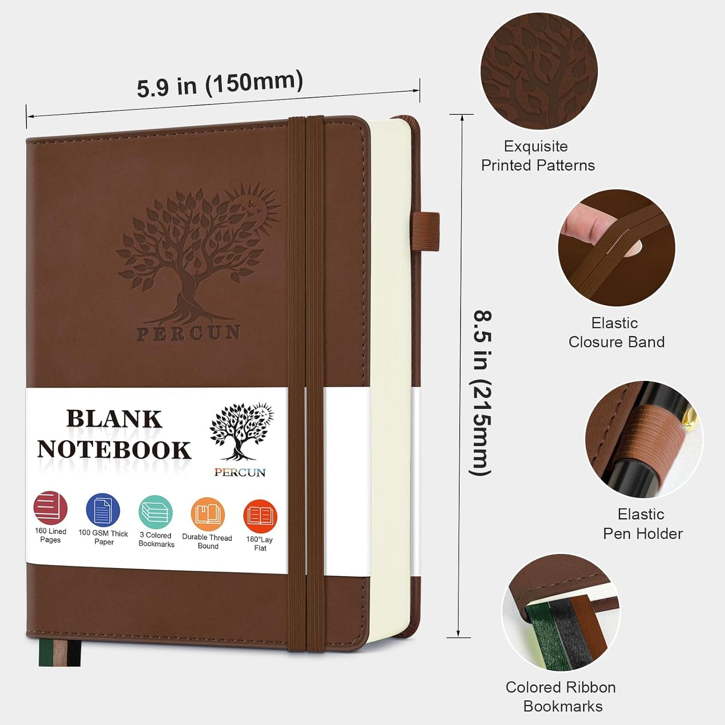 PERCUN Blank Journal Ntebook for Men & Women, 160 Pages Blank Journals for Writing, Drawing,Sketch Book,5.9" x 8.5" Leather Sketchbook, Unlined Notebook for Work, School, Art - Brown
