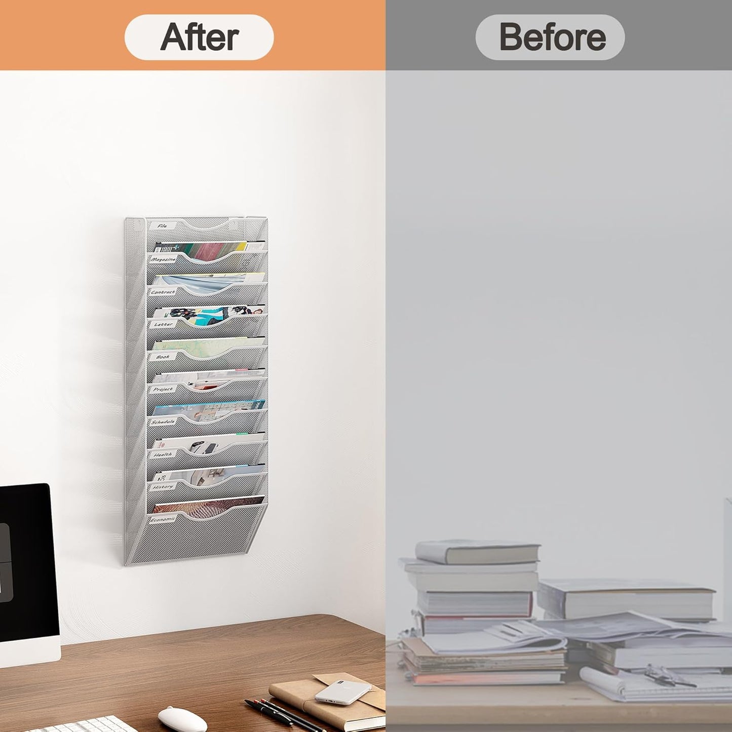 10 Tier Hanging Wall File Holder, Metal A4 Wall Mounted Document Holder, Vertical Hanging Mail Organizer, Magazine Storage Rack with Tray for Office Home Classroom, White