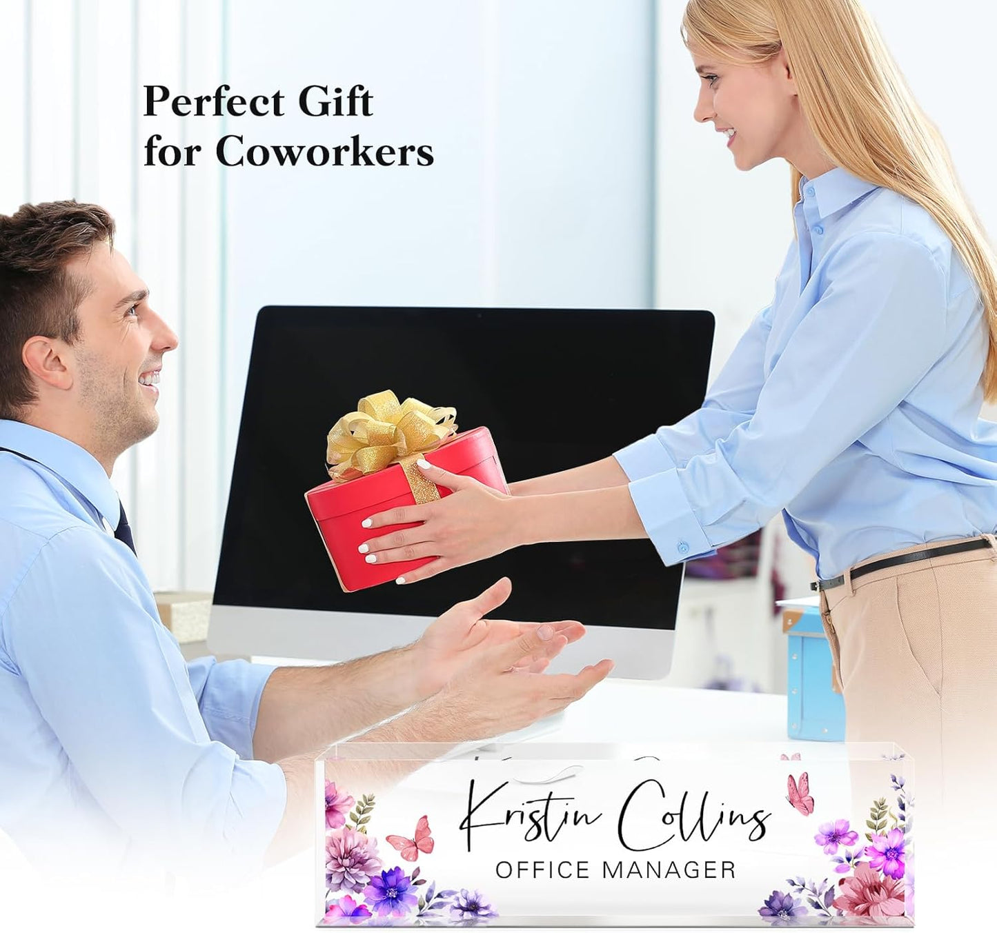 Custom Name Plate for Desk, Acrylic Office Decor For Women Men, Personalized Office Desk Accessories, Teacher Employee Appreciation Gifts For Social Worker Boss Coworkers (Purple Flower-3)