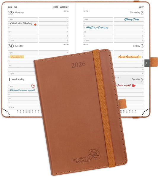 POPRUN Pocket Calendar 2026 (Small Size- 4'' x 6.25") Weekly and Monthly for Purse - Planner 2026 (Jan. 2026 - Dec. 2026) with Vegan Leather Soft Cover, Plastic Ruler, Pen Holder and More - Brown