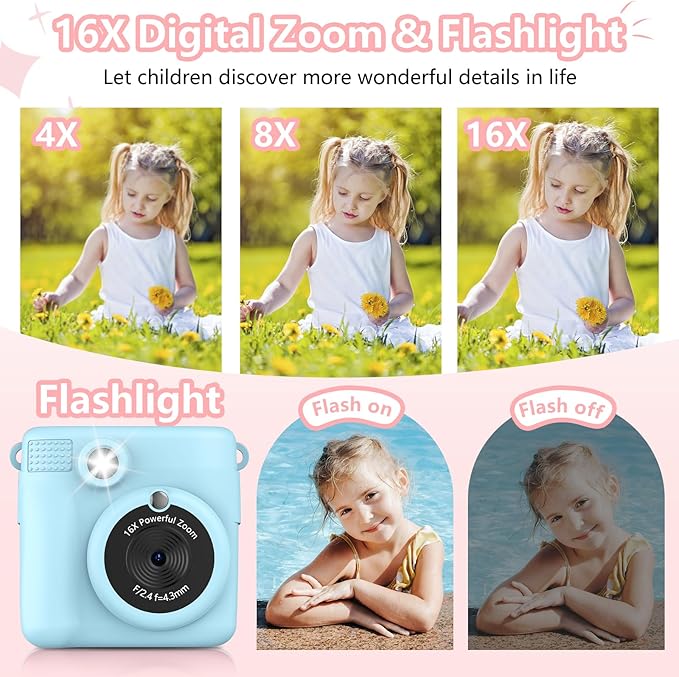 Instant Print Camera for Kids,Christmas Birthday Gifts for Age 3-12 Girls Boys，1080P HD Digital Video Cameras for Toddler,Kids Portable Toy with 3 Rolls Photo Paper，32GB Card-Blue
