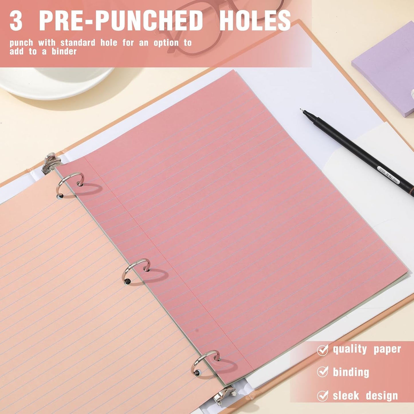 PerKoop 12 Pack 600 Sheets Colored Lined Paper Bulk Wide Ruled 8 x 10.5 Inches, Pastel Loose Leaf Notebook Paper 3 Hole Punched Filler for Back School Classroom Supplies(Boho Color)