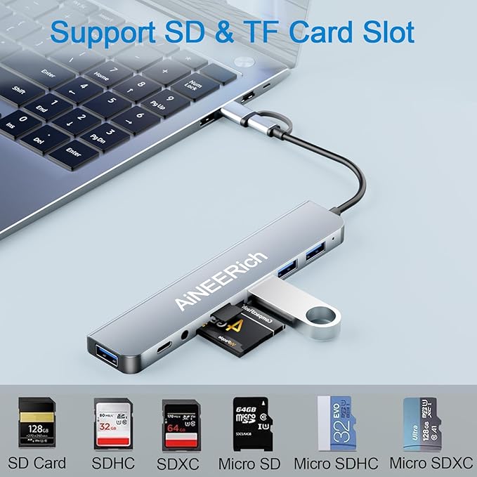 USB Hub,USB C Hub Multiport Adapter,8 in 1 USB-C Hub Extended 4 USB-A + 1 Type C Port,TF/SD Card Reader Slot,3.5mm Audio Output for iPhone 16 15,Laptop,PC,MacBook Pro Air,iPad