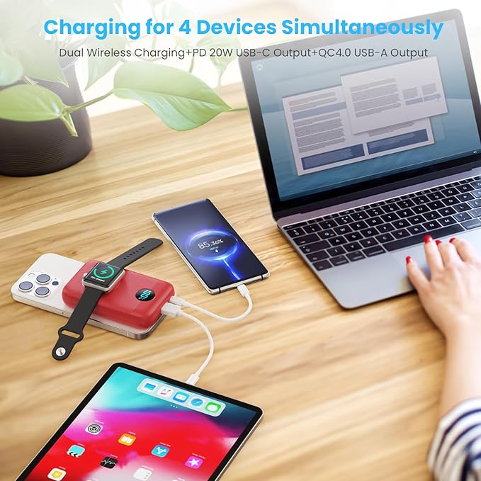 Magnetic Portable Charger 10800mAh,4-in-1 Wireless Power Bank with iWatch Charger, QC4.0+20W PD Fast Charging USB C Battery Pack with LCD Display for Magsafe,iPhone 16/15/14/13/12,Apple Watch, Red