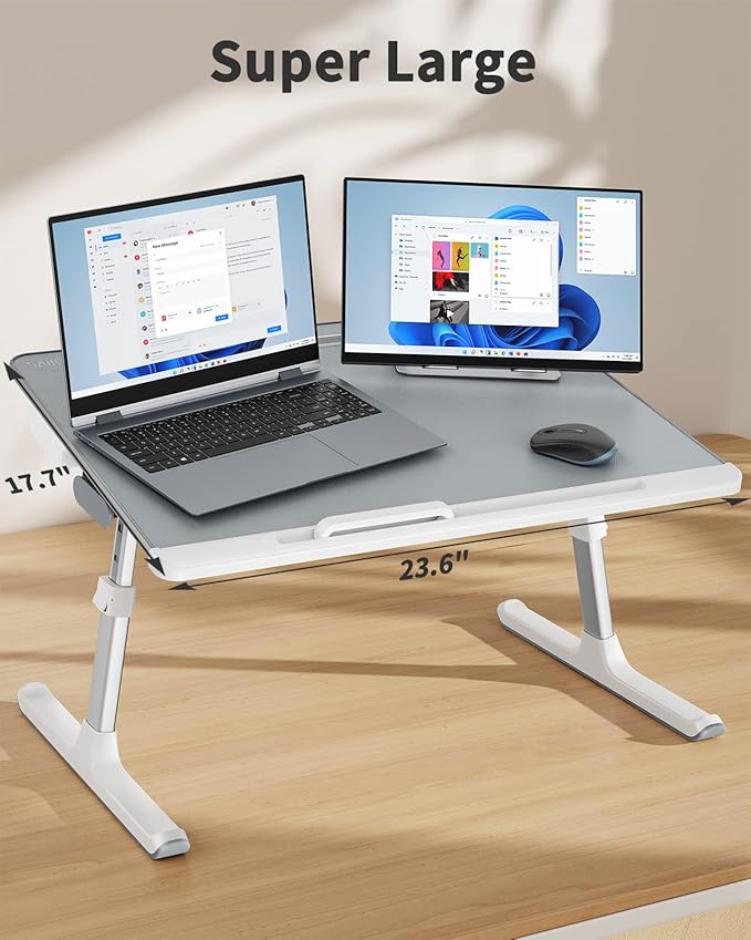 Laptop tray, SAIJI 60*45cm Table lap for bed, Multi-purpose Premium Lapdesk, Height Angle adjustable, with Book Stand, Drawer, Tablet slot, for Eating, Working, Writing, Gaming, Drawing (Light Grey)