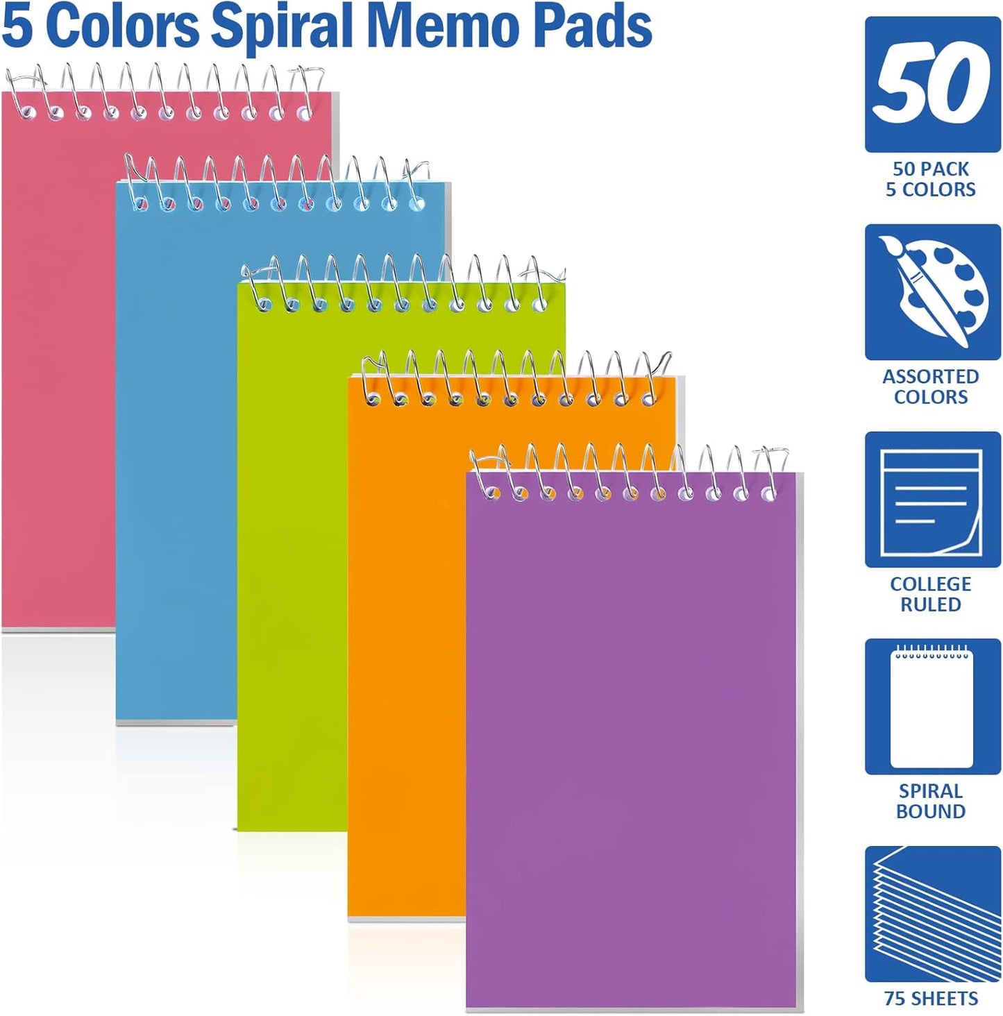100 Pieces Spiral Memo Pads Bulk 3 x 5 Inch Small Note Pads Top Bound Lined College Ruled Paper Mini Notepad Pocket Spiral Notebooks for School Office Home Supplies, 75 Sheets (Fresh Colors)