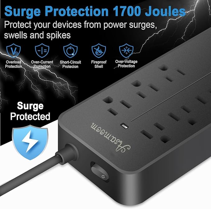 10FT Surge Protector Power Strip Extension Cord, Asamoom ETL Listed Flat Plug Power Strip with Long Cord, 8 Outlets and 3 USB A & 1 USB-C Port, 1700J Wall Mount Desk Black