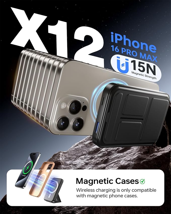 Wireless Power Bank, 10000mAh Foldable Magnetic Portable Charger, USB-C 20W Fast Charging for Magsafe Battery Pack, Compatible for iPhone 17/16/15/14 All Series