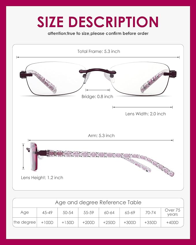 3 Pack Rimless Reading Glasses for Women Blue Light Blocking Readers Tinted Edge Spring Hinge Pattern Print Arm Eyeglasses Mix 3.00