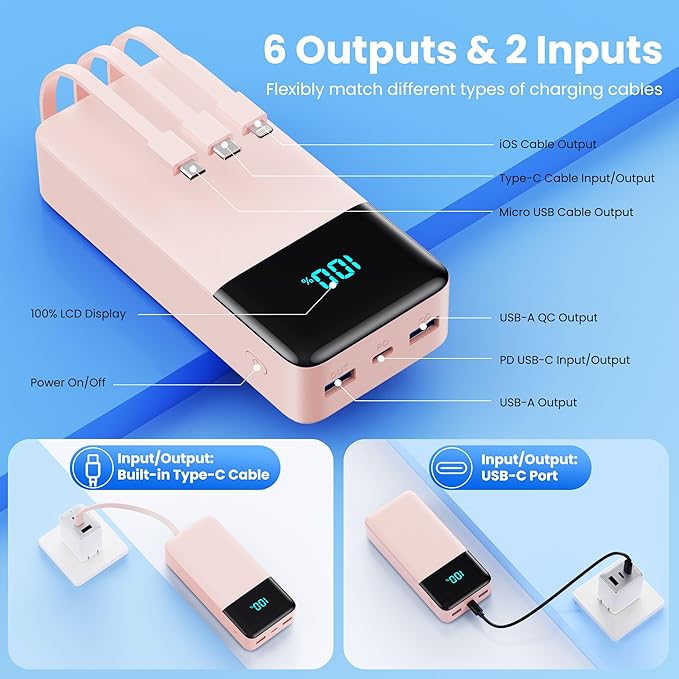 Portable Charger 50800mAh Power Bank with 3 Built in Cable,25W PD QC4.0 Fast Charging USB C Battery Pack,6 Output 2 Input LCD Display Portable Phone Charger for iPhone 16/15/14,Google,Android, Pink