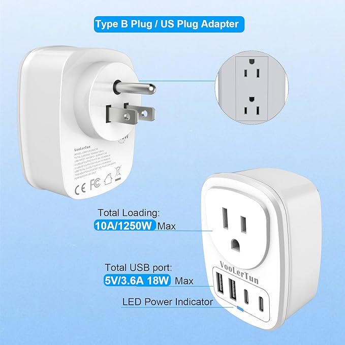 Multi Plug Outlet Extender 2 Packs, Wall Plug Adapter, American Type B Plug Adapter with 1 Electrical Outlets, 4 USB Charger Ports (2 USB C), for School, Travel, Office, Home Essentials