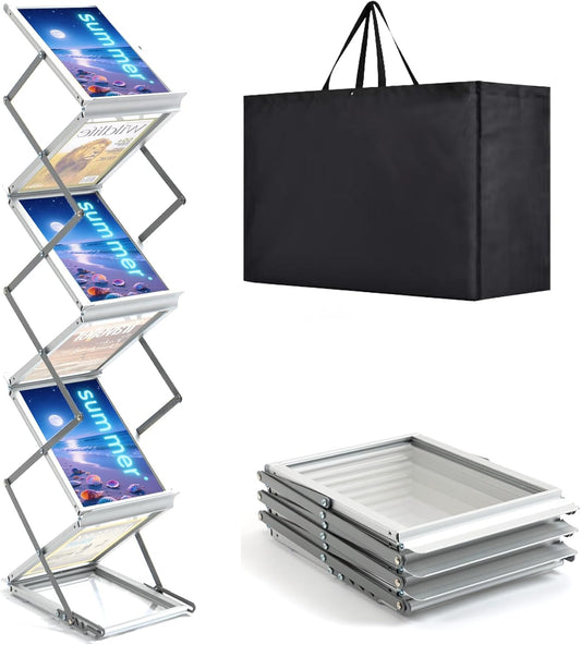 6 Pockets Aluminum Floor Standing Magazine Rack with Carrying Bag, Portable Pop-up Brochure Display Stand, Foldable Catalog Literature Display Stand, A4 Size, for Exhibition, Trade Shows, Office