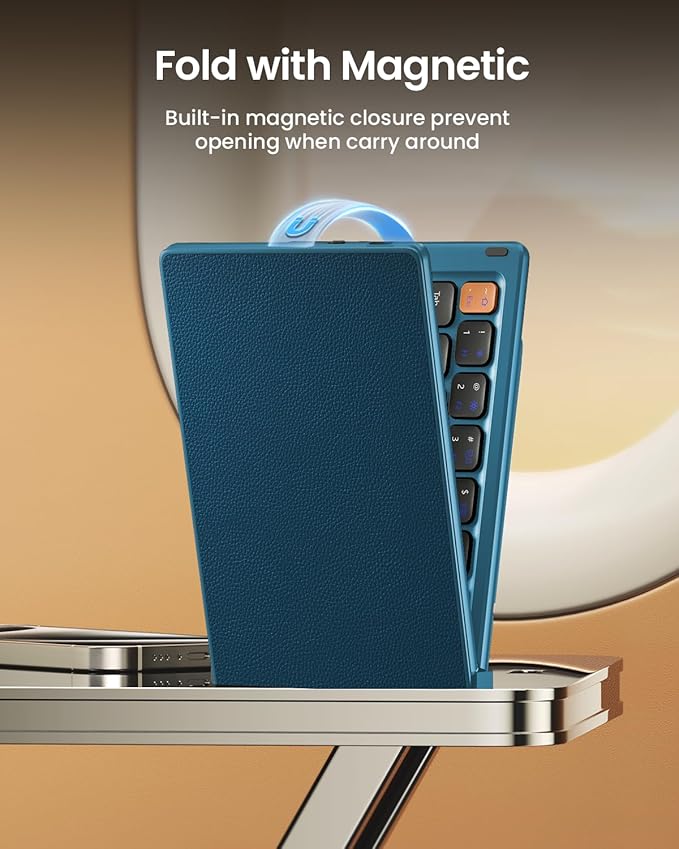 ProtoArc Foldable Compact Keyboard, XK04 Portable Bluetooth Keyboard with PU Leather Cover, Pocket-Sized Wireless Travel Keyboards for iPad, iPhone, Smartphone, Tablet and Laptop - Blue