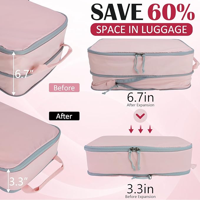 Large Compression Packing Cubes for Travel, 2 Set Compression Bags Travel Cubes for Packing Suitcase Organizer Luggage Organizer Bags Set, Pink