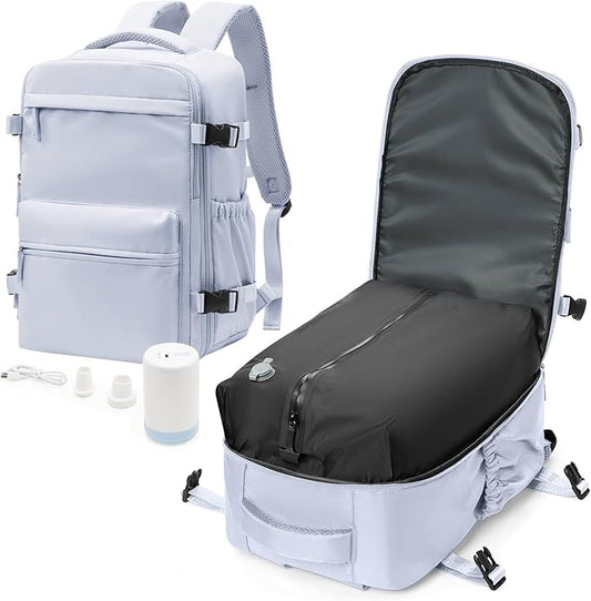 Vacuum Travel Backpack with Pump for Women,Personal Item Carry on Backpacks Flight Approved 18x14x8 inches for Men,Laptop Waterproof Work Compression bags Casual Daypack Grey.