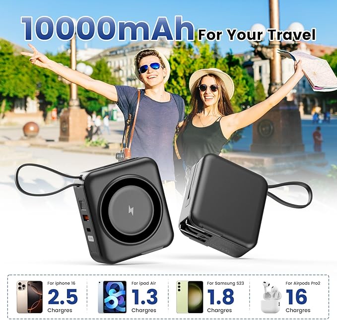 for Magsafe Portable Charger with AC Wall Plug, 6-in-1 Magnetic Wireless Power Bank 10000mAh Built-in Cables, 22.5W Type-C in&Out Fast Charging Battery Pack for iPhone 16/15/14/13/12 Series, Black