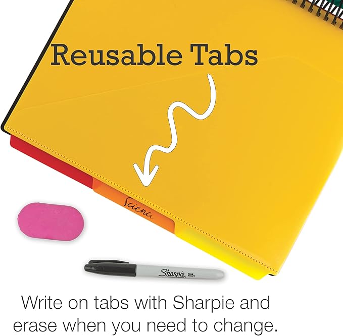 Samsill 2 Pack Deluxe 24 Pocket Spiral Project Organizer with Inner Zipper Pouch, Customizable Front Cover, 12 Dividers with Erasable Write-On Tabs in Assorted Colors, Plastic Folders with Pockets