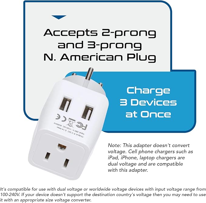 Ceptics Israel, Palestine Travel Adapter Plug with Dual USB - Usa Input - Type H - Ultra Compact - Perfect for Cell Phones, Laptop, Camera Chargers, iWatch, iPhone and More (CTU-14)