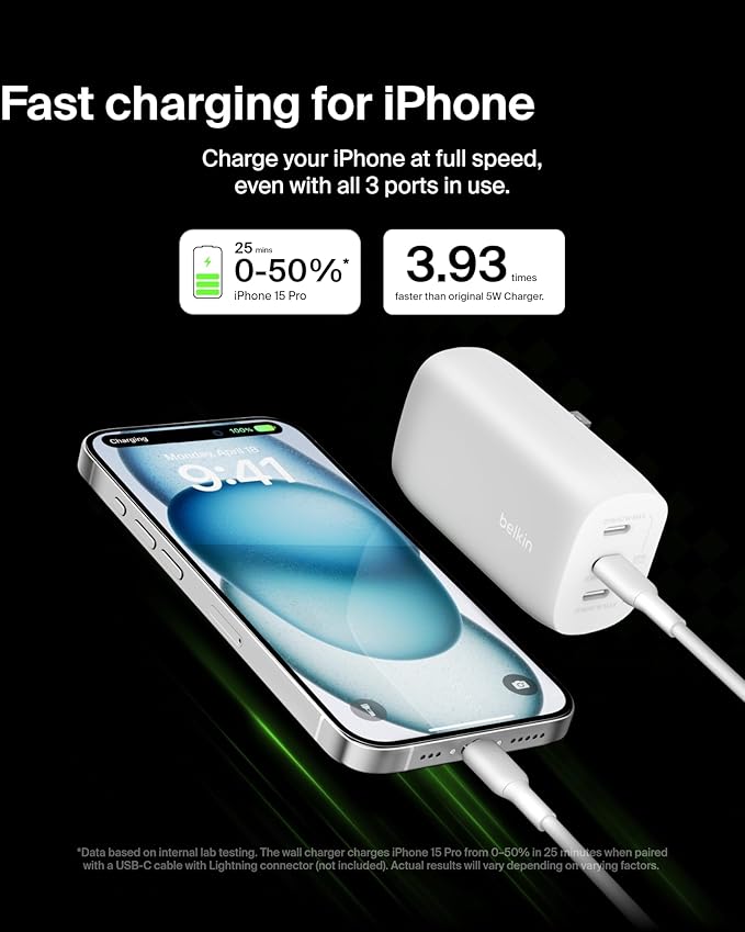 Belkin 3-Port USB C Charger Block 67W - PPS, USB-C PD3.1 Super Fast Charging Charger - Samsung Galaxy S25, Apple iPhone 17, Air, Pro, MacBook, AirPods, Apple Watch, Nintendo Switch 2 & More - White
