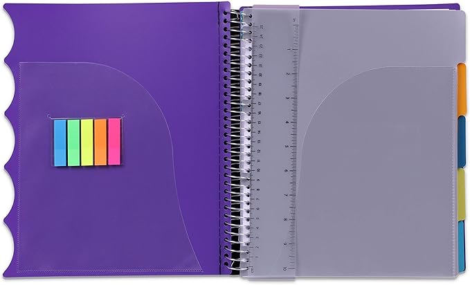 Mintra Office Durable PREMIUM Spiral Notebook, ((Purple, 5 Subject, 8.5in x 11in)), Fabric Covered Coils, No Snags, Removable Adjustable Pocket Dividers, Ruler, Organization, Customizable