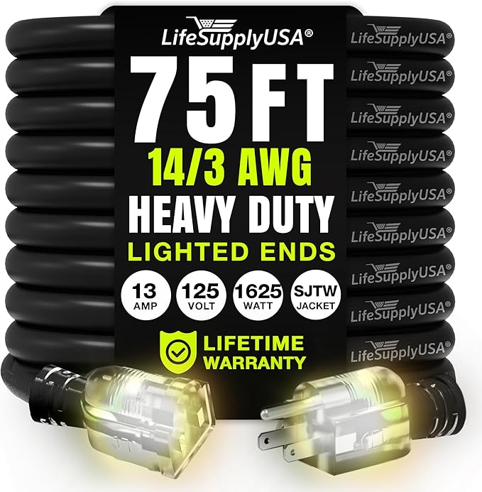 75ft Outdoor/Indoor Extension Cord 14/3 Gauge Heavy Duty 3 Prong SJTW, Waterproof, Flexible Cold-Resistant Long Power Cord,13A 125V 1625W, Black by LifeSupplyUSA