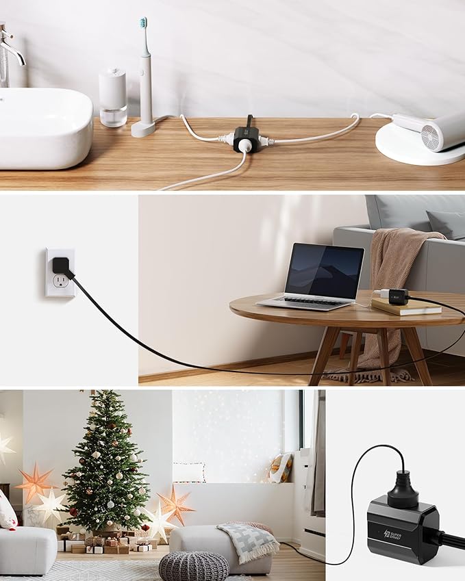 Extension Cord 3ft SUPERDANNY Mini Power Strip Ultra Right Angled Flat Plug for Tight Spaces,Indoor Extension with 3 Outlets,for Office Home Appliances,Non Surge Protector for Travel Cruise,Black