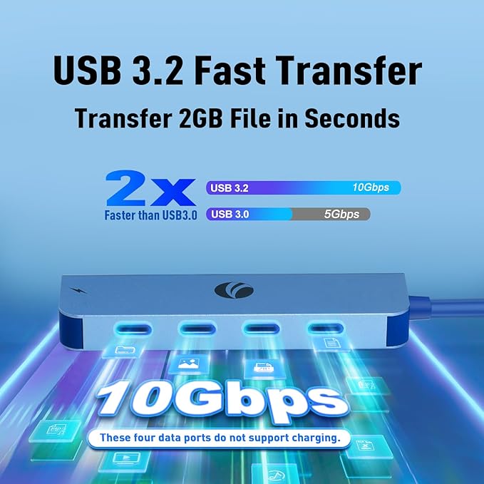 VCOM 10Gbps USB C Hub，5 Ports USB Splitter with 100W Power Delivery，Portable USB C Multiport Adapter Compatible with MacBook Pro/Air, Surface Pro, Dell, HP, Microsoft, Not Support Monitor (Blue)