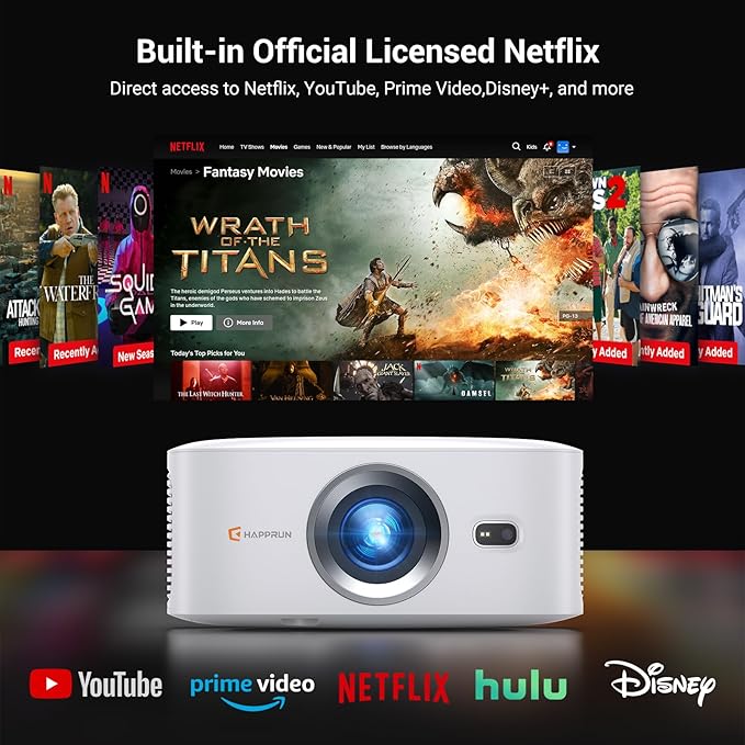 1500 ANSI Official Licensed Netflix Outdoor Projector 4K Full HD, Smart Projector with Wifi and Bluetooth, Auto Focus, Dolby Sound, Built-in Apps, HAPPRUN Indoor Home Theater for Phone/PC/PS5