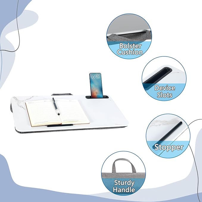 Portable Laptop Desk Fits Up to 16“ Laptops, with Tablet Slot, Built-in Cushion, Great for Home & Office,Lap Desk for Laptop,Lap Desk with Cushion (White Marble, Large)