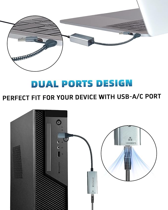 USB to Ethernet Adapter, 1Gbps USB C to RJ45 Gigabit LAN, 2-in-1 Ethernet Adapter for Laptop (Thunderbolt 4/3 Compatible), Aluminium Shell&Nylon Cable for Laptop, MacBook,Chromebook,PC and More