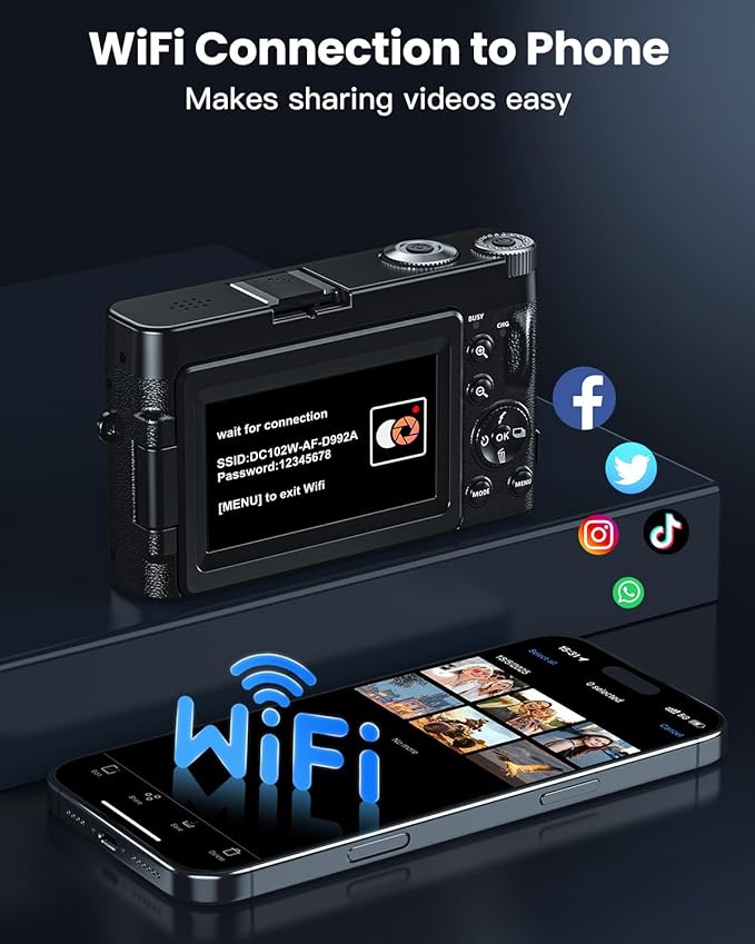 4K Digital Camera for Photography, WiFi 64MP 180° Flip Screen 3" Autofocus Vlogging Camera for YouTube, 16X Zoom Compact Point and Shoot Cameras for Beginner with 32GB Card, 2 Batteries