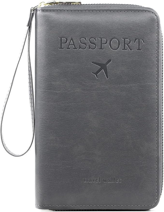 S-11 RFID Blocking Passport Holder Travel Wallet, Slim Zipper Card Case with ID Window, Boarding Pass Slot & Credit Card Organizer for Men and Women. (Gray)