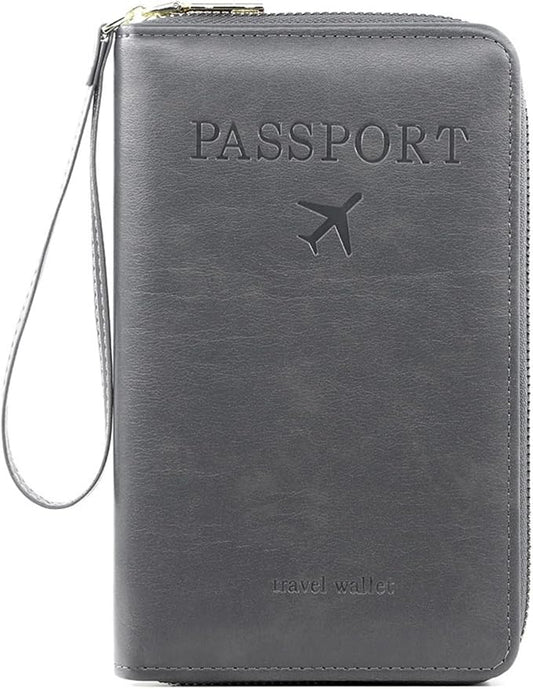 S-11 RFID Blocking Passport Holder Travel Wallet, Slim Zipper Card Case with ID Window, Boarding Pass Slot & Credit Card Organizer for Men and Women. (Gray)